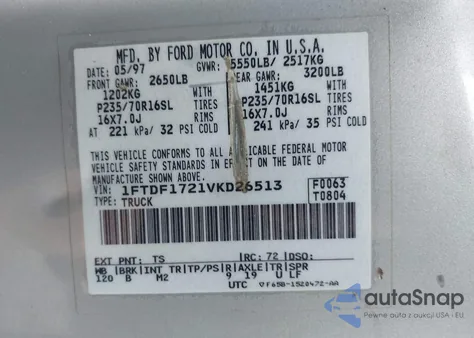 1997 Ford F-150 Standard/Xl/Xlt z USA, uszkodzony, nr VIN 1FTDF1721VKD26513